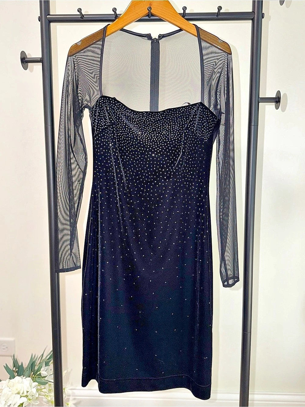 Vintage Tadashi Black Velvet Rhinestone Mesh Sleeve Mini Dress S UK Size 8